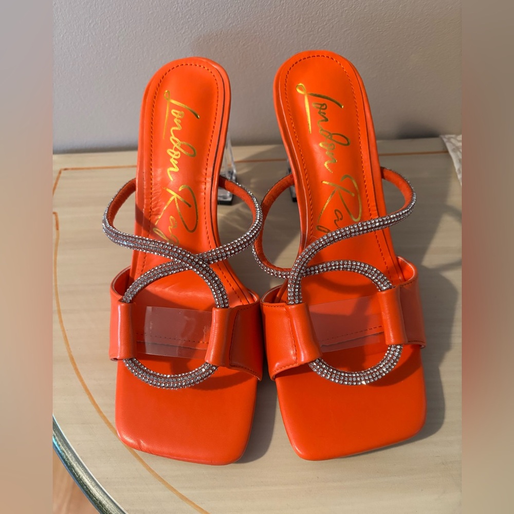 NWOT London Rag Women's Orange Strappy Heels with Acrylic Heel